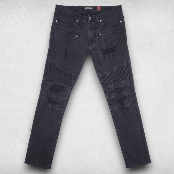 Makobi Biker Jeans Mens 34x32 Black Moto Zip Distressed Rip & Repair Streetwear - Picture 1 of 14